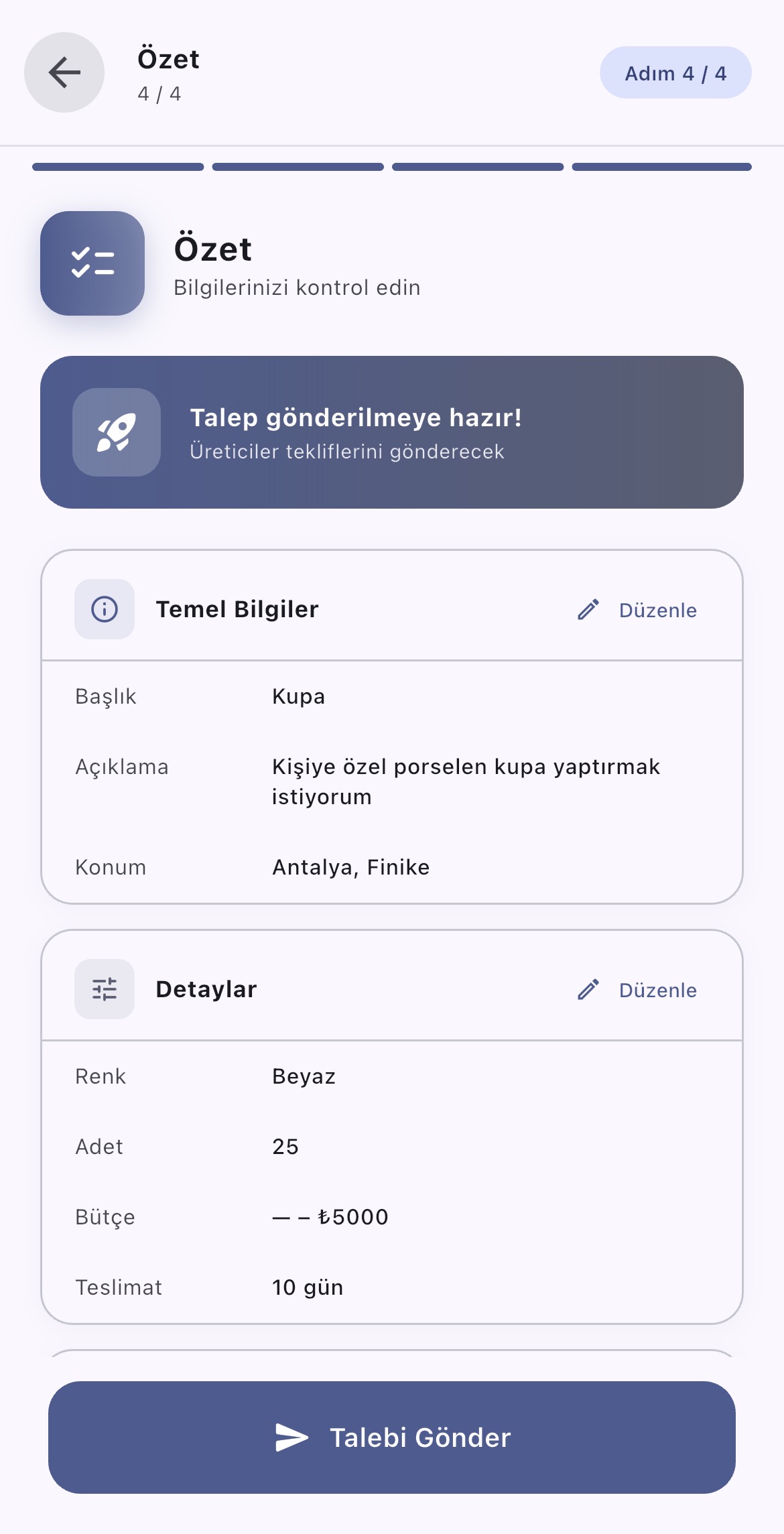 Talep oluşturma ekranı