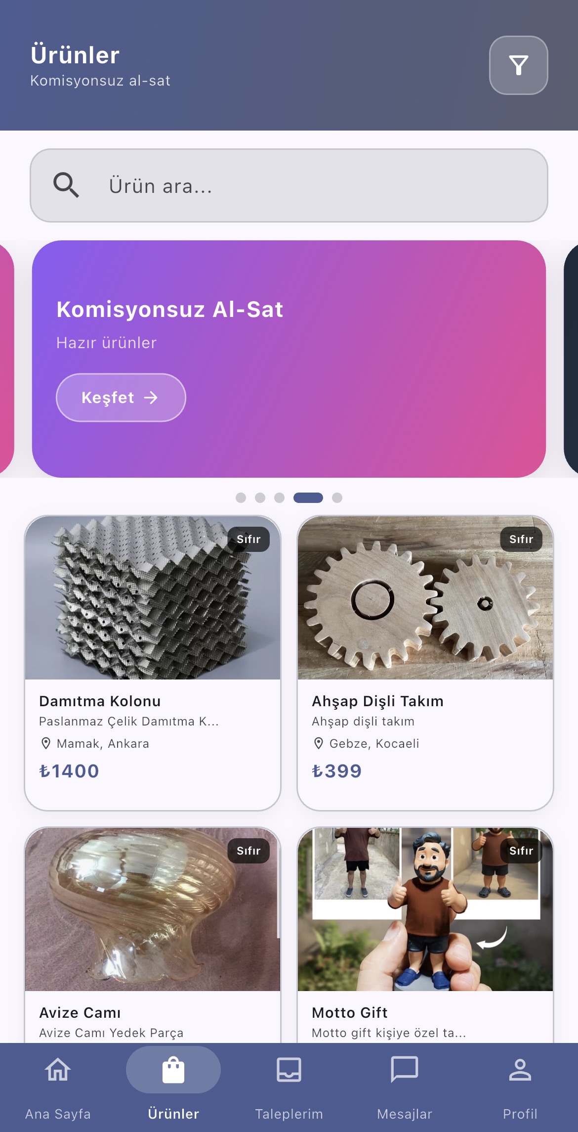Hazır ürünler pazaryeri ekranı