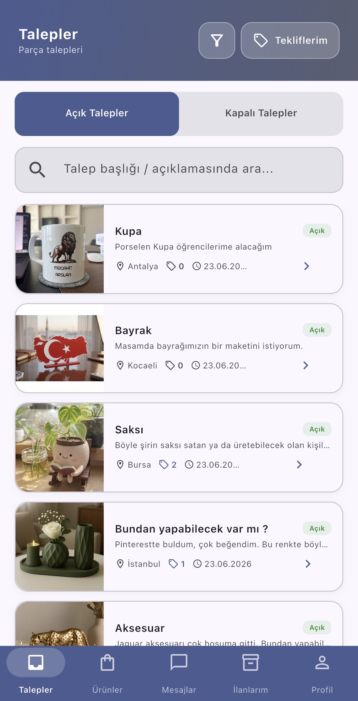Açık talepler ekranı