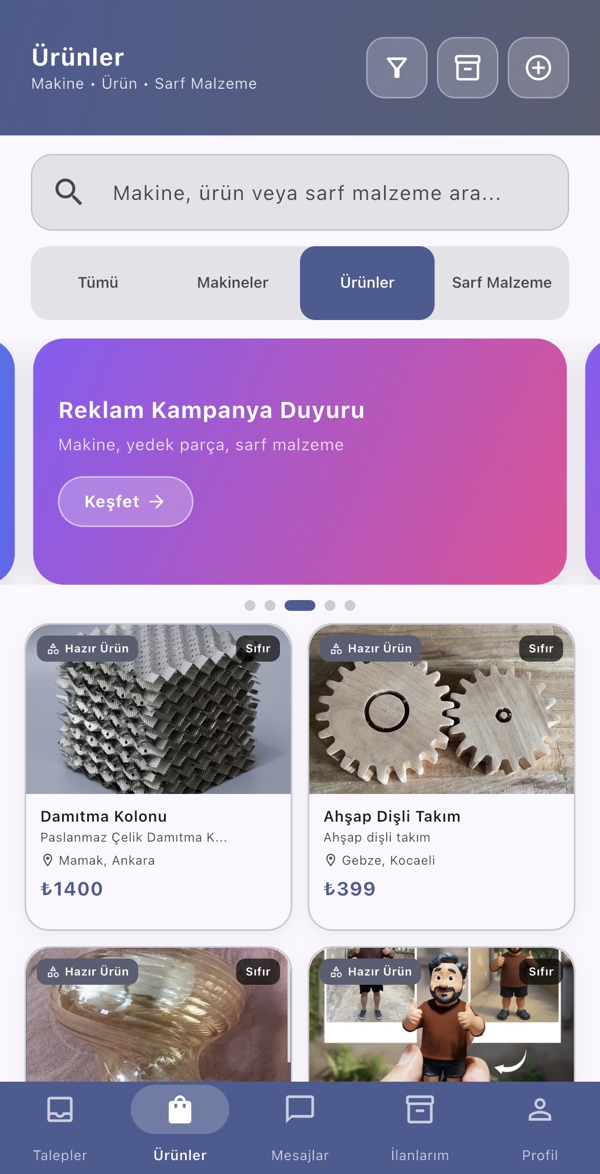 Üretici marketi ekranı